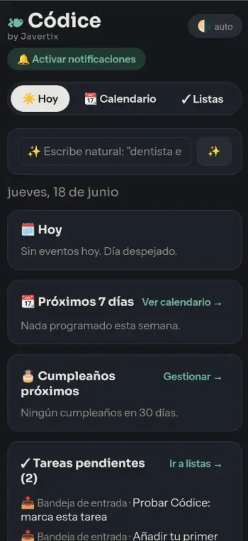 Códice app Android: tu día de un vistazo