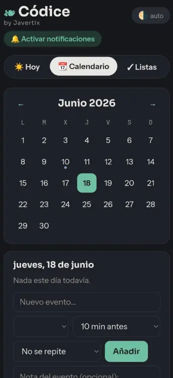 Códice app Android: calendario semanal